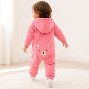 Carter’s Pink Floral Hooded Fleece Romper 24M Bear Cozy Cottagecore